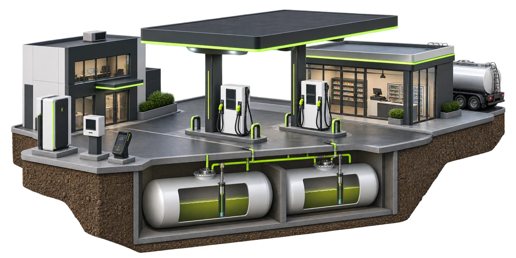 Fuel supply and tank monitoring connected to the complete station network