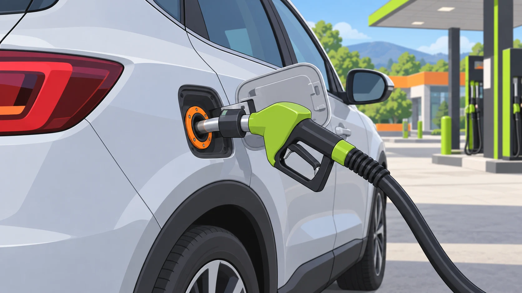 Orange NFC tag ring fitted around a vehicle fuel inlet, with a separate dark RFID reader mounted on the inserted nozzle