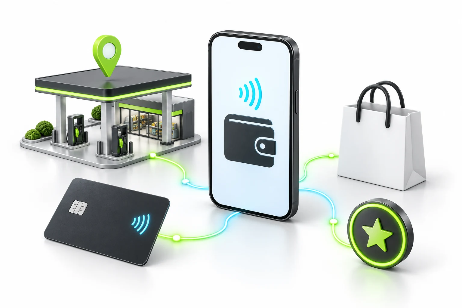 Customer smartphone connected to a fuel station, wallet card, shopping and loyalty rewards