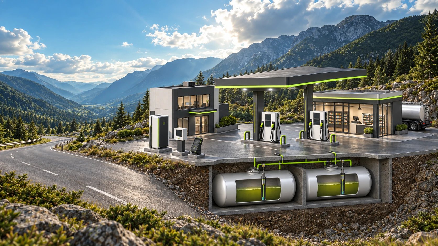 FuelzApp roadside station built into a mountain landscape, with a connected driveway, head office, two dispensers, convenience store and POS, controller, handheld terminal, ATG console and underground tank cutaway