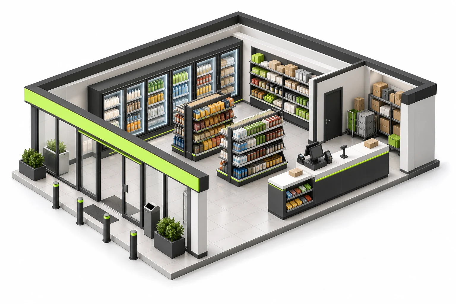Convenience store with product shelves, stock room and POS checkout