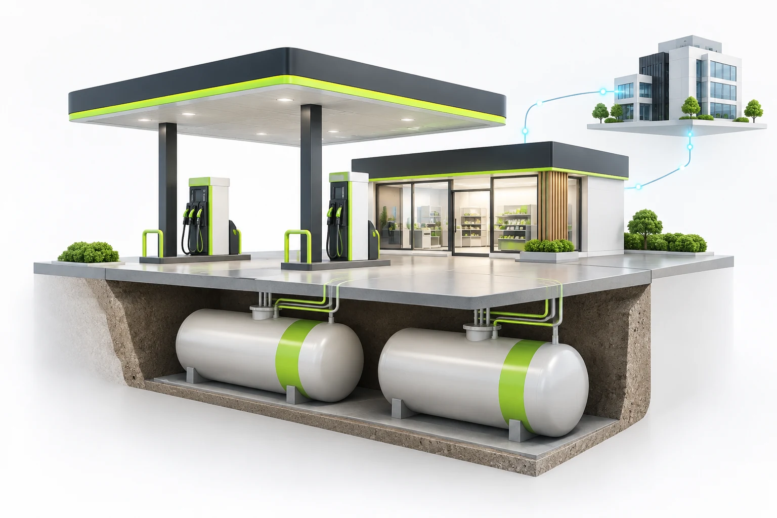Connected fuel station, convenience store, underground tanks and head office